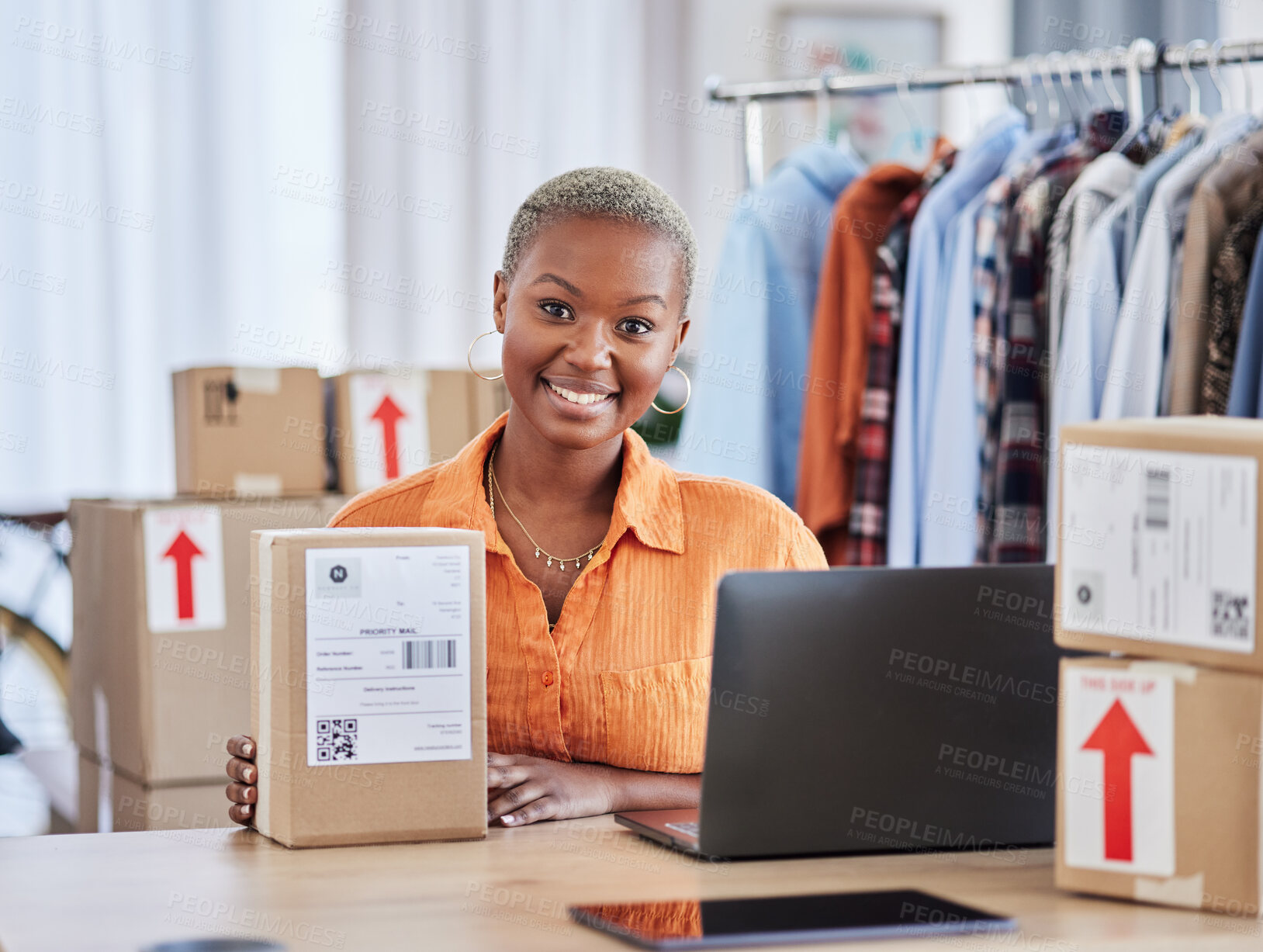 Buy stock photo Black woman, portrait and box of fashion designer in small business logistics or service at boutique. Happy creative African female person smile with boxes in courier startup or retail clothing store