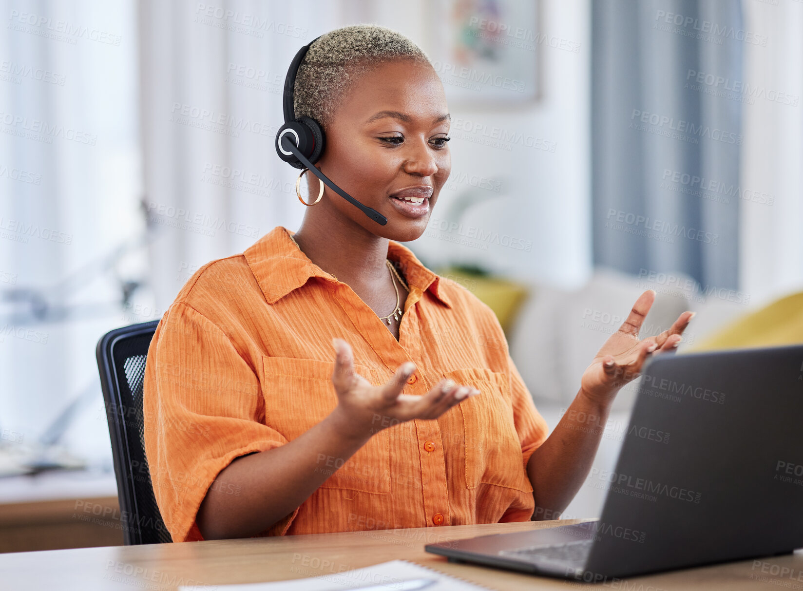 Buy stock photo Black woman, call center and consulting on laptop in customer service, support or telemarketing at home. African freelance person or consultant agent talking on computer with headset in online advice