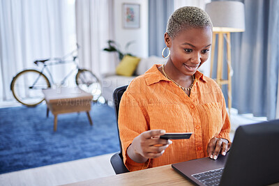 Buy stock photo Excited, laptop or black woman with credit card in home for ecommerce sale on digital fintech website. Finance, payment discount or happy girl online shopping or banking on internet typing in pin 