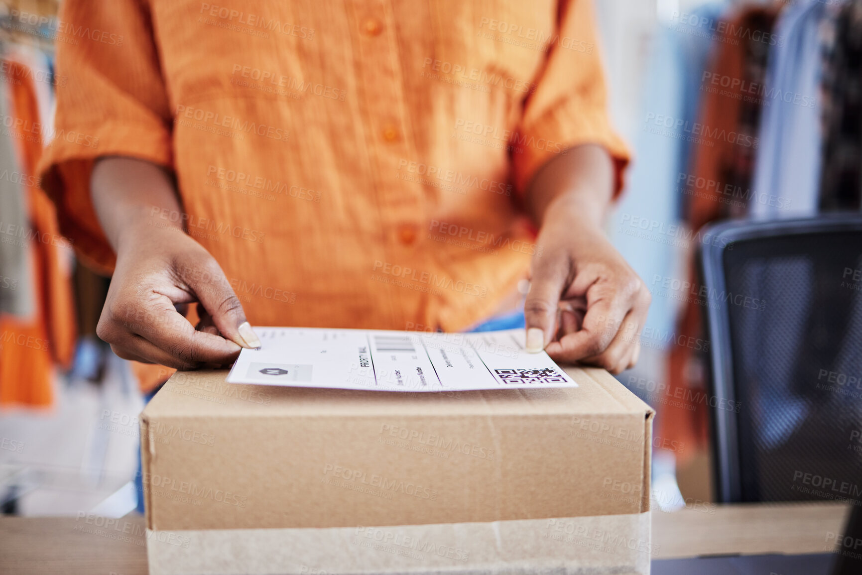 Buy stock photo Hands, label or woman with box for delivery, shipping or package with logistics in ecommerce in office. Closeup, stock or business owner with product or store order for cargo service or sticker sign