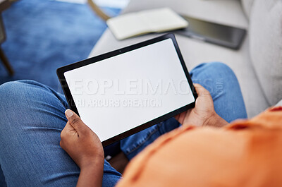 Buy stock photo Woman, hands and tablet with mockup screen in communication, research or advertising at home. Hand of female person on technology display or chromakey for online browsing on living room sofa in house