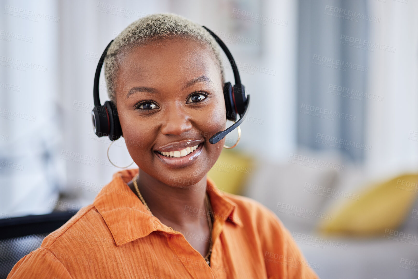 Buy stock photo Black woman, call center and portrait with headphones for consulting, telemarketing or working remote at home. Face of happy African female person, consultant or agent with headset for online advice