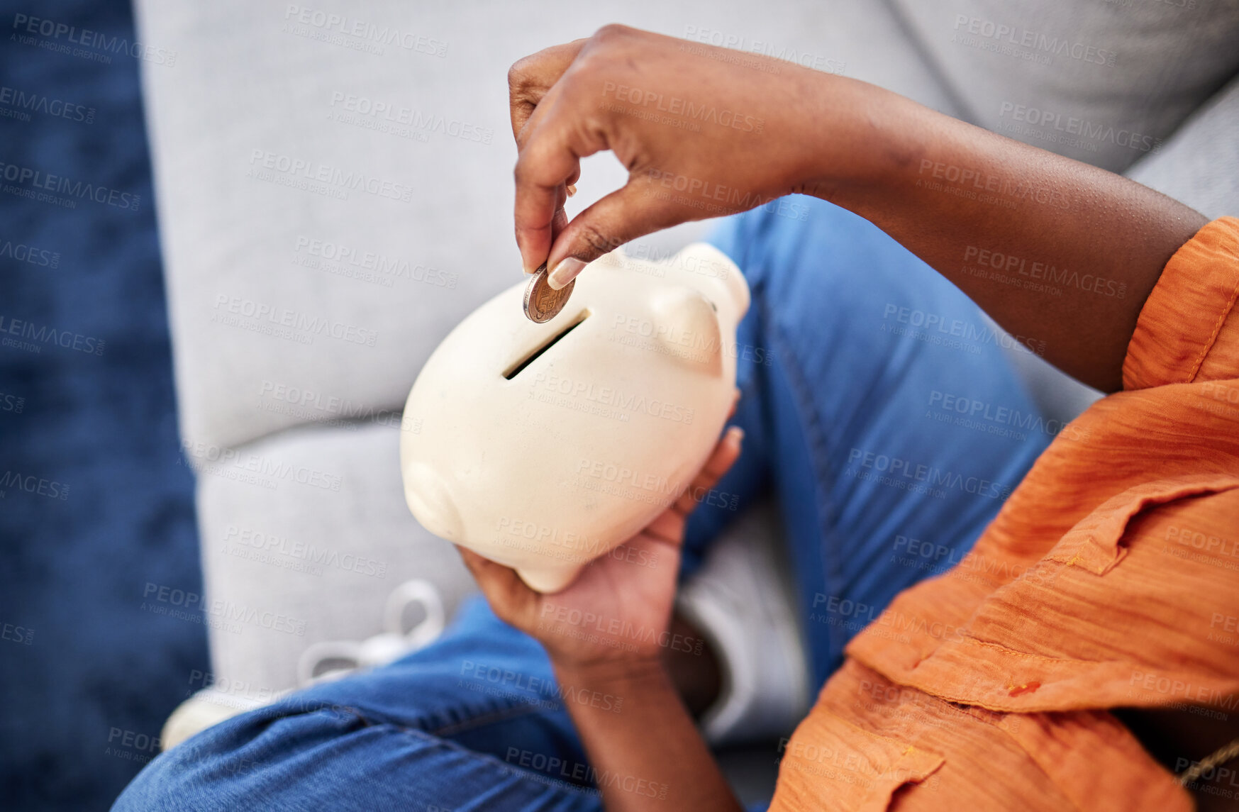 Buy stock photo Woman, hands and coins in piggy bank for savings, finance or money investment on sofa at home. Hand of female person with piggybank for financial freedom, cash growth or budget planning at the house