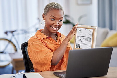 Buy stock photo Logistics, business and black woman on laptop for video call, discussion and delivery startup ideas. Online presentation, supply chain and worker on computer for webinar, conference and communication