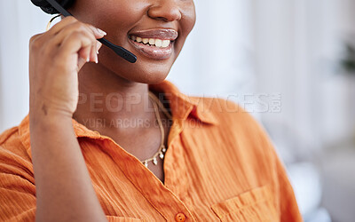 Buy stock photo Woman, mic and smile in call center for customer service, telemarketing or working remote at home. Happy female person or consultant agent talking or consulting on headphones in online advice or help