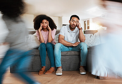 Buy stock photo Kids running with stressed parents on the sofa to relax in the living room of their house. Upset, burnout and excited children playing with blur motion on couch with tired exhausted mother and father