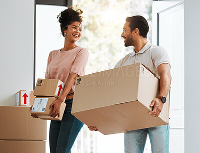 Buy stock photo Couple, box and excited in new home, happy or together for moving, beginning and commitment for mortgage. Man, woman with cardboard package, smile or start life in property, real estate and apartment