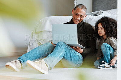 Buy stock photo Grandfather, bedroom and family kid with laptop for streaming child friendly video, online games or search web. Love bond, quality time together and relax senior man babysitting grandchild at home