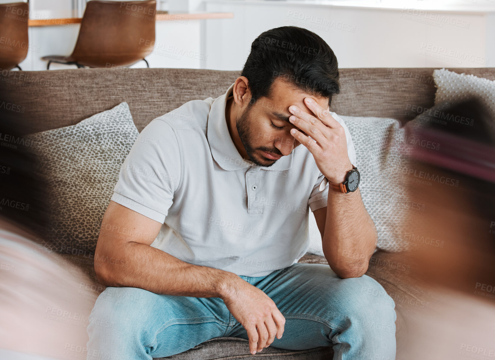 Buy stock photo Family, chaos and father on sofa with headache, tired and energetic children in their home. Noise, stress and parent in living room with migraine, depression and fatigue, anxiety or crisis from kids