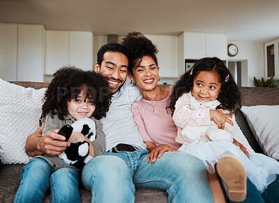 Buy stock photo Portrait of mom, dad and kids on sofa, watching tv and happy family bonding together in living room. Smile, happiness and parents relax with children on couch, streaming television show or movies.