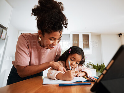 Buy stock photo Mother, child student and writing homework on a table at home for learning and development. African woman and a girl kid together for education, homeschool or drawing art with creativity and support