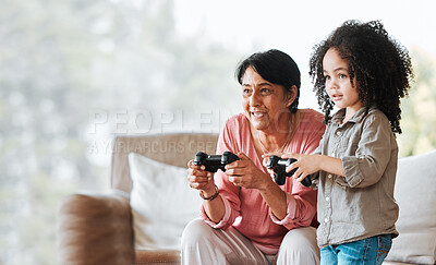 Buy stock photo Grandma, child and gaming in home, controller and happy together with bonding, competition and love in lounge. Senior woman, young kid and playing with video game, esports and mockup in family house