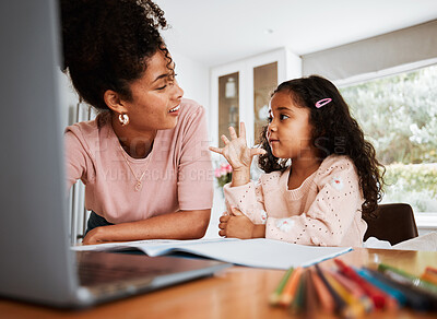 Buy stock photo Math homework, mother and child with a laptop, counting and studying together in a house. Happy, talking and a little girl with an answer for education with a mom and a pc for elearning and knowledge