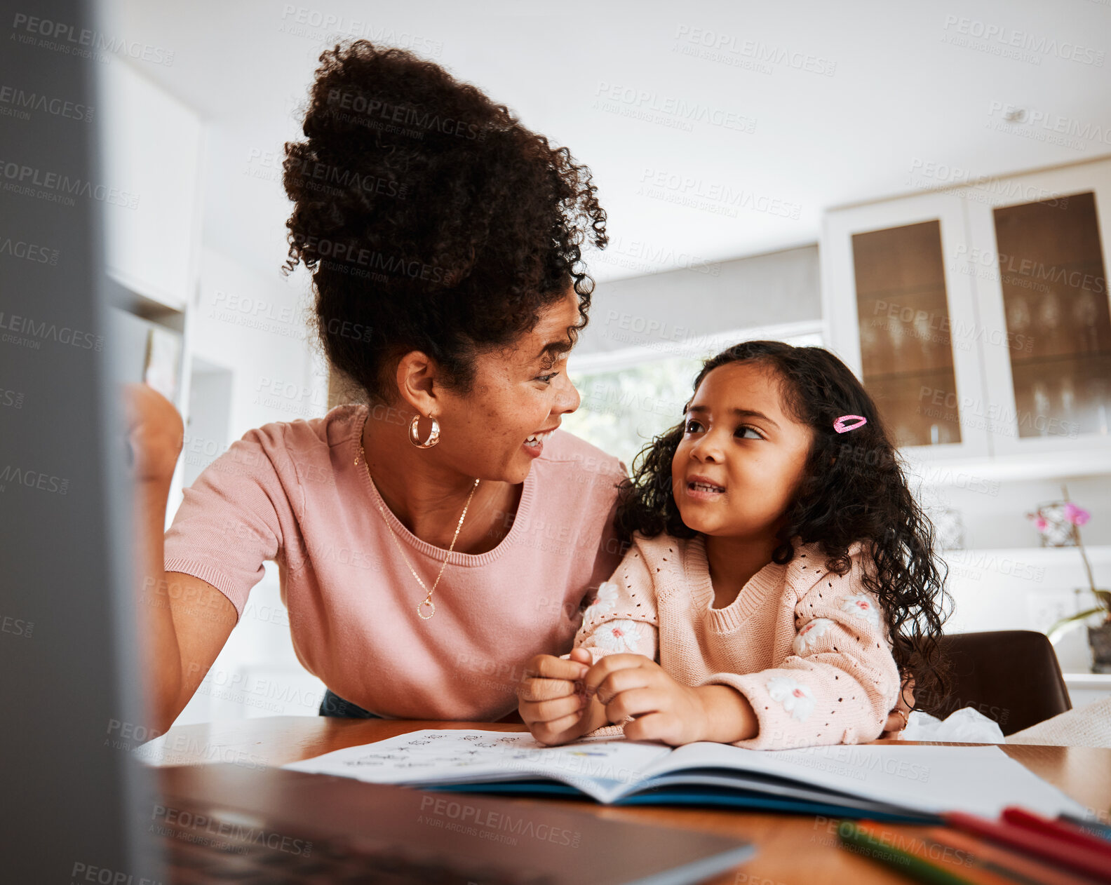 Buy stock photo Laptop, mother and daughter with book, homework and happy, elearning and study at desk. Kid, mama and education with computer, notebook and teaching for development, notes and happy in family home