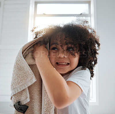 Buy stock photo Bathroom, towel or child washing hair in shower in daily morning grooming routine at home. Biracial kid, natural or young boy cleaning for wellness, hydration or healthy haircare with afro hairstyle