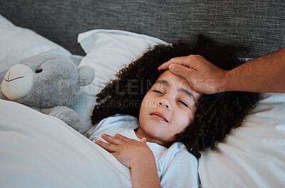 Buy stock photo Sick, fever and kid sleeping in bed for rest to recover from flu, cold or allergies at her home. Illness, tired and hand of father checking temperature of his daughter in her bedroom at their house.