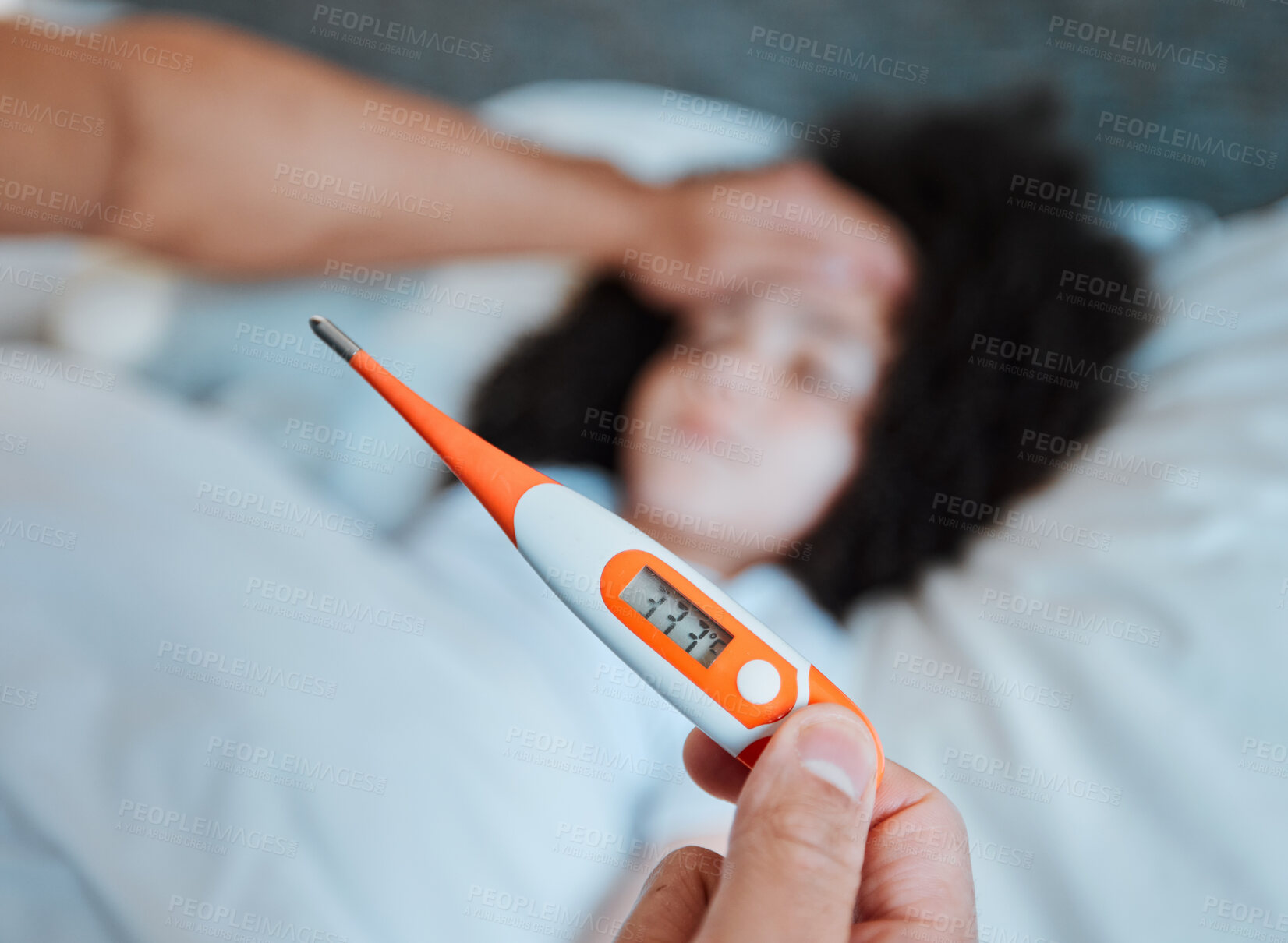 Buy stock photo Thermometer, temperature and parent with a sick child, fever and health check in a home bedroom. Medical, care and hand of a man with a tool for covid results, virus and a cold of a girl in a bed