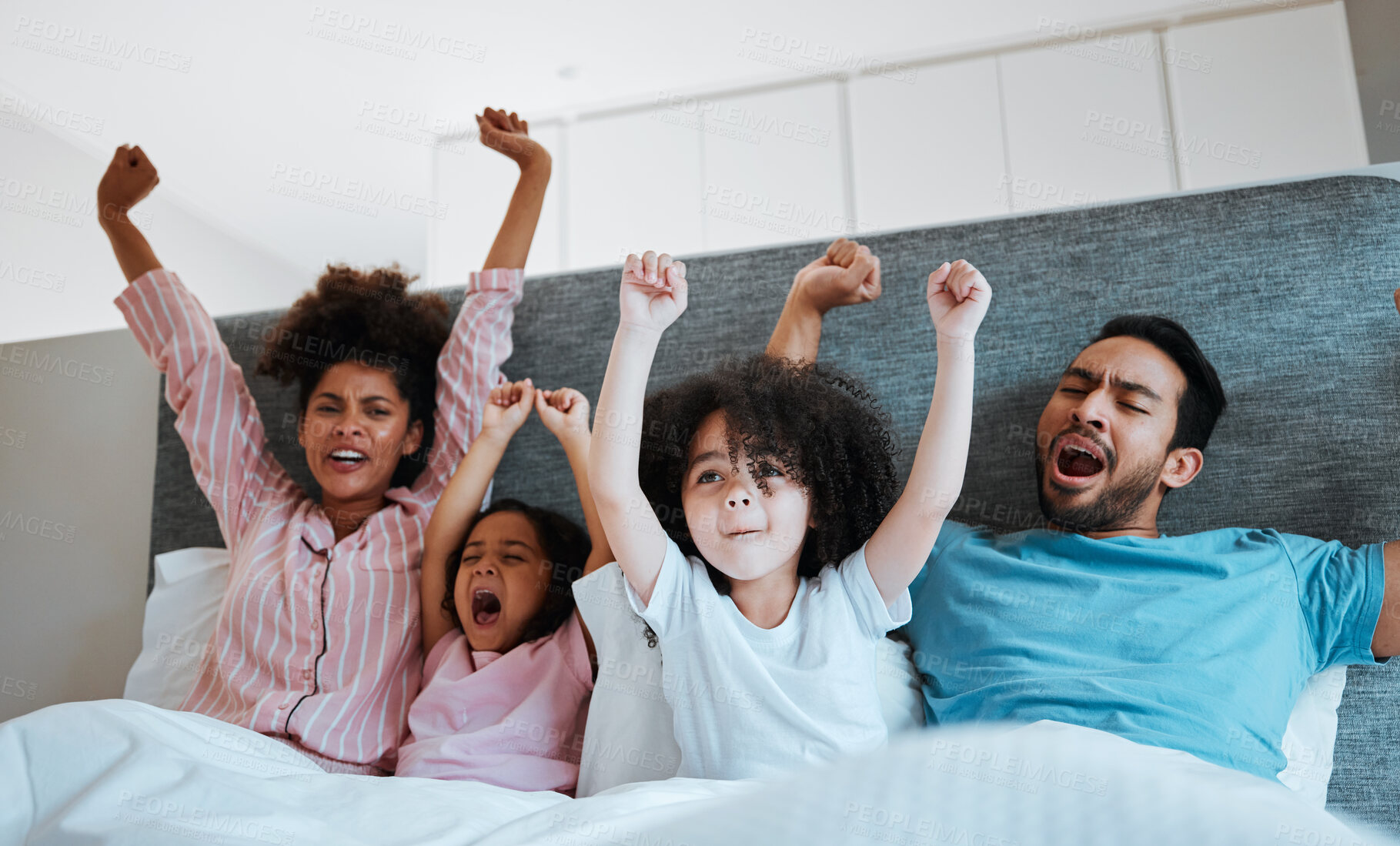 Buy stock photo Bed, celebration and excited happy family watching tv show, children movie or bonding cheers for film. Home fans, morning kids and bedroom people scream for sports team, television or celebrate video