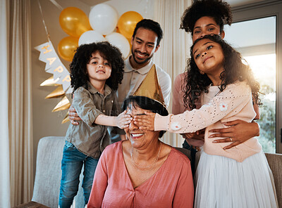 Buy stock photo Birthday, surprise and children with grandmother at party in living room for event, celebration and social gathering. Family, celebrate and eyes closed of grandma with happy kids for presents at home