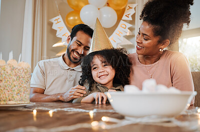 Buy stock photo Birthday, party and parents with cake for child in living room for event, celebration and social gathering. Happy family, surprise and kid with dessert, snacks and sweet treats with presents at home