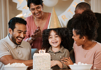 Buy stock photo Birthday, party and child with cake and parents in living room for event, celebration and social gathering. Happy family, surprise and kid with dessert, snacks and sweet treats with presents at home