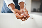 Woman cleaning hands, water and hygiene in bathroom, safety from bacteria and germs, disinfection and skincare. Health, wellness and female person at home, sustainability and healthy with handwashing