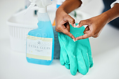 Buy stock photo Heart hands, cleaning and chemical detergent bottle,  closeup of supplies and cleaner with hygiene. Care, support and health with disinfectant spray, housekeeping and person with tools to clean