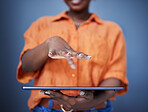 Hands, social media or woman with tablet for online info on wall background for research on internet. Networking, technology or closeup of female user reading data or information for connectivity 