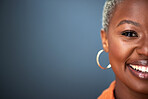 Mockup, smile and half portrait of black woman in studio with copy space against grey background. Happy, face and cheerful African female person with positive attitude, good mood or laughing isolated