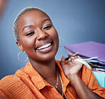 Selfie, smile and portrait of a woman with shopping bags in studio after sale, promotion or discount. Happy, excited and African female person taking picture after buying products by gray background.