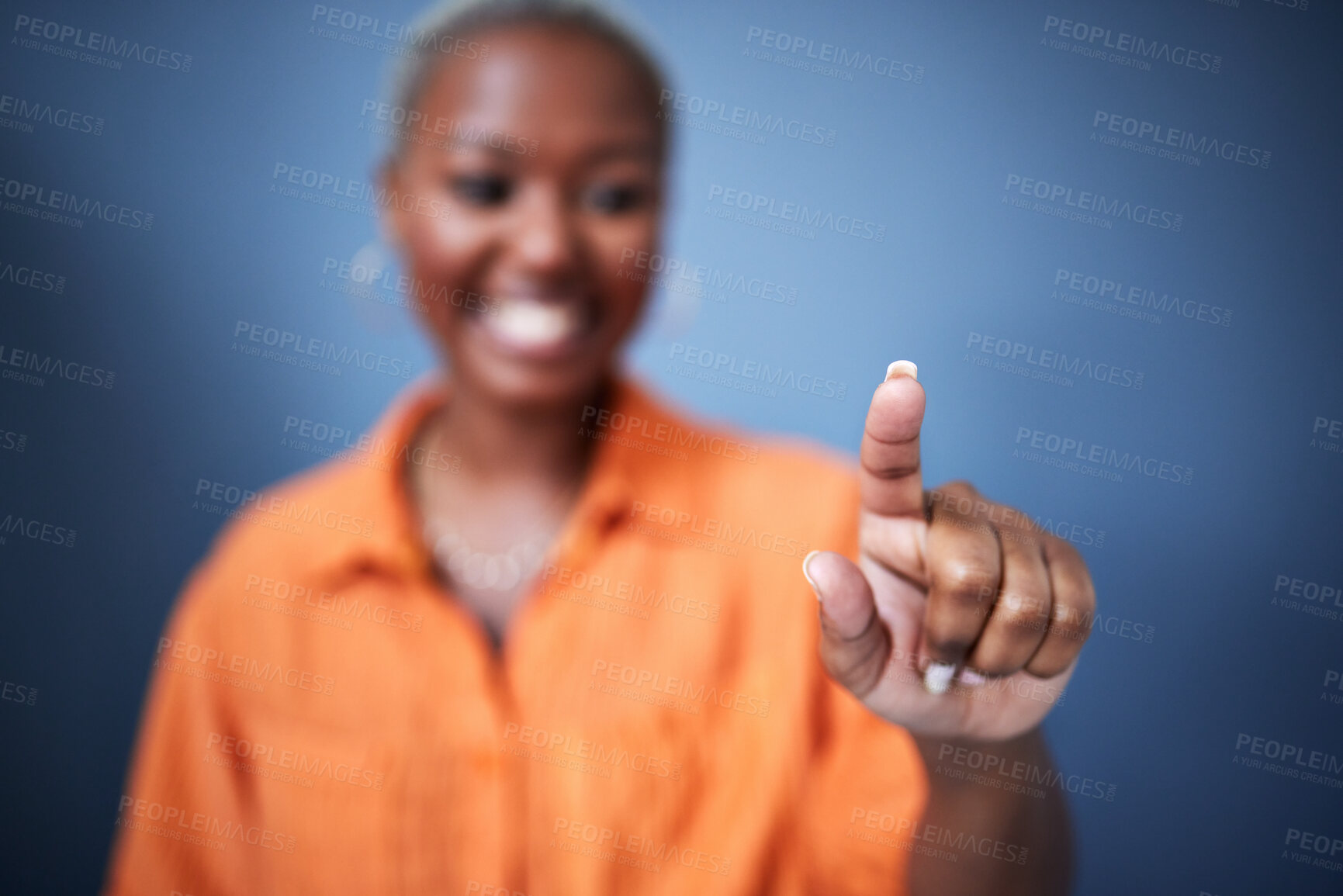 Buy stock photo Finger, security and black woman user in studio on blue background for internet browsing or access to information. Future, hand and app with fingerprint biometrics of a female person on an interface