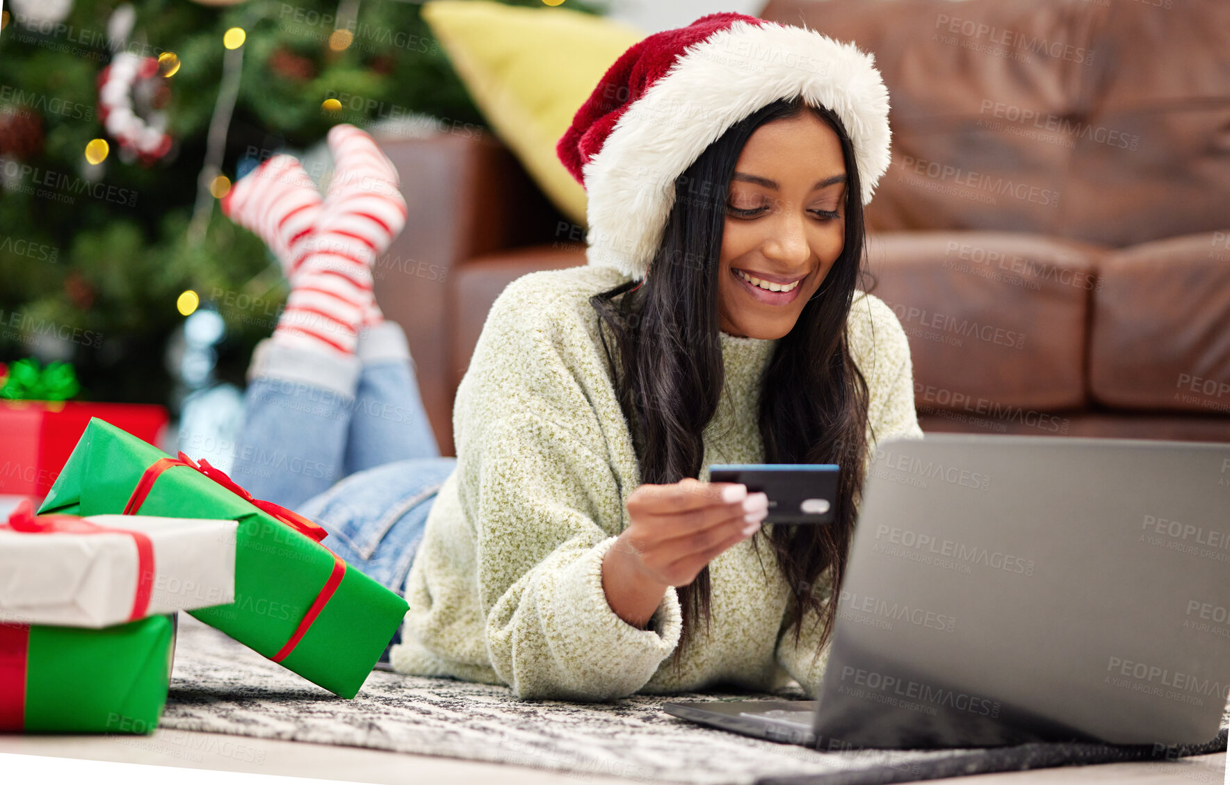 Buy stock photo Christmas, online shopping and woman with laptop, credit card for payment for gift with internet banking. Female customer, smile for holiday donation and ecommerce for present, fintech and bank app 