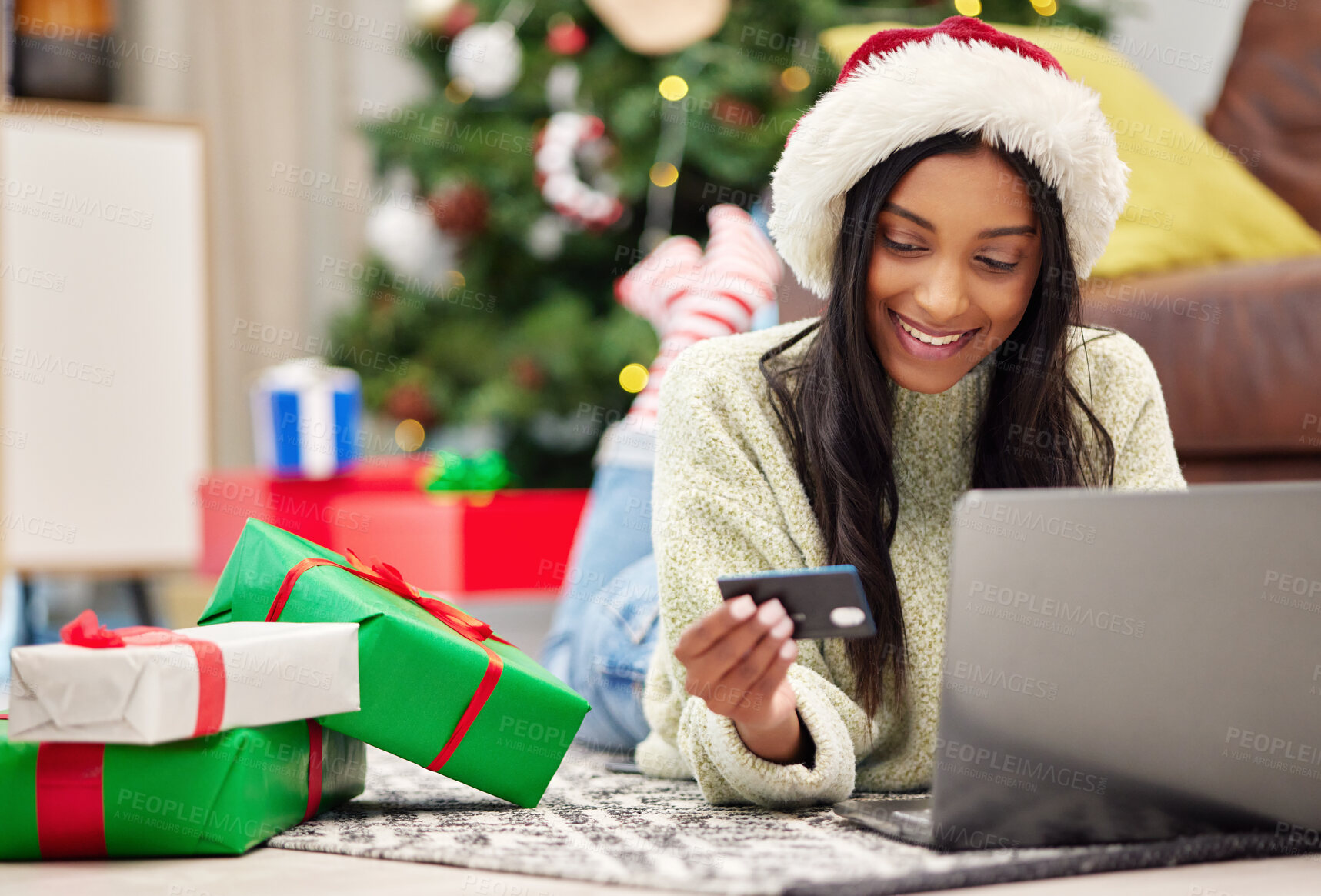 Buy stock photo Christmas, e commerce and woman with laptop, credit card for online payment for gift with internet banking. Female customer, smile for holiday donation or shopping for present, fintech and bank app 