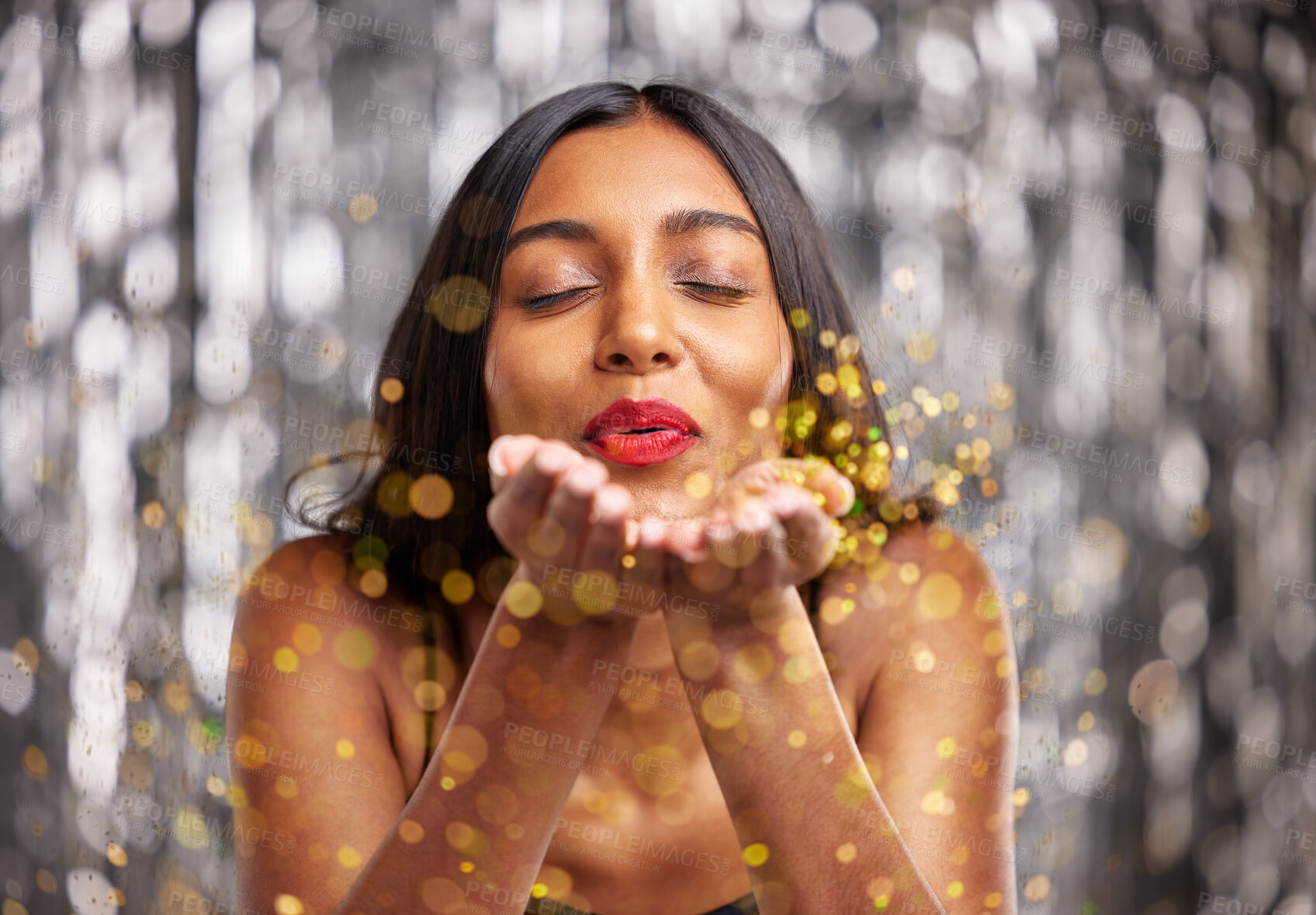 Buy stock photo Woman, blow gold glitter and celebration with party and sparkle, bokeh with New Years and festive. Happiness, excited and female person, confetti and anniversary with aesthetic and special event 
