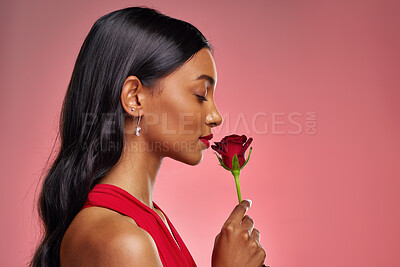 Buy stock photo Face, woman and smelling a rose on a studio background for valentines day. Fragrance, model and profile of a young Indian girl with a flower in hand for romance, scent or love on pink backdrop