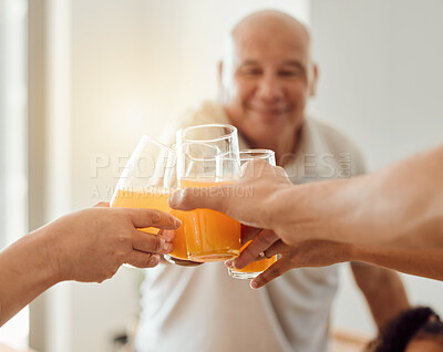 Buy stock photo Celebration, senior happy man or toast with orange juice, beverage or glass drinks for fun friends reunion. Fruit liquid, retirement party group or hands of elderly people celebrate, smile and cheers