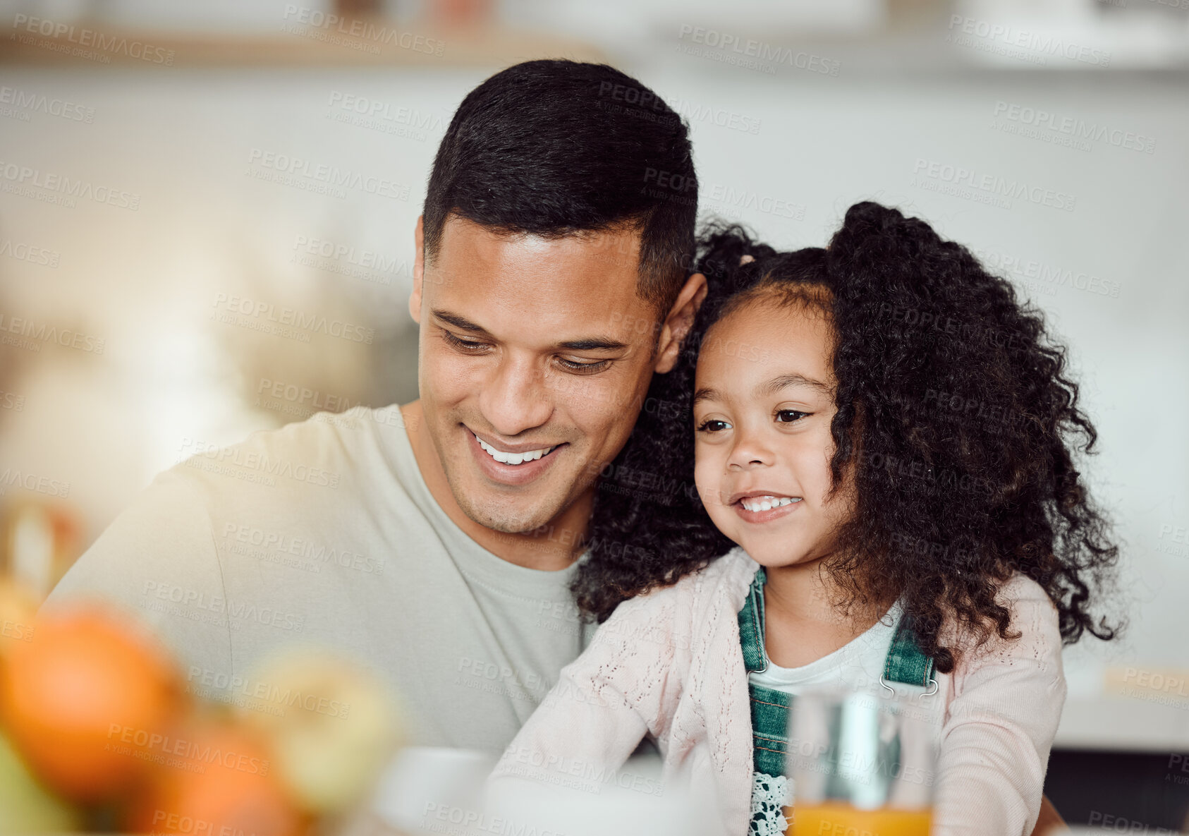 Buy stock photo Father, child and smile of a family together at home for bonding, love and care or quality time. Face of a happy man or father and girl kid or daughter in a house for happiness, relax and security