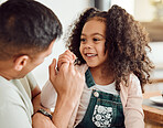 Father, child and holding hands in a family home for bonding, love and care or quality time. Face of a happy man or dad and girl kid or daughter in a house for happiness, relax and playing a game