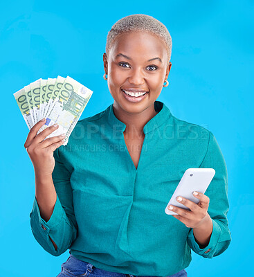 Buy stock photo Cash, phone and woman in portrait for winning, finance or online savings, profit or cash prize. Success, lottery and winner or african person on mobile, money fan or banking on studio blue background