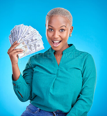 Buy stock photo Woman, wow portrait and money fan for bonus, financial success and winning, finance loan or cashback bonus. African person or winner surprise for notes or cash profit on a studio, blue background