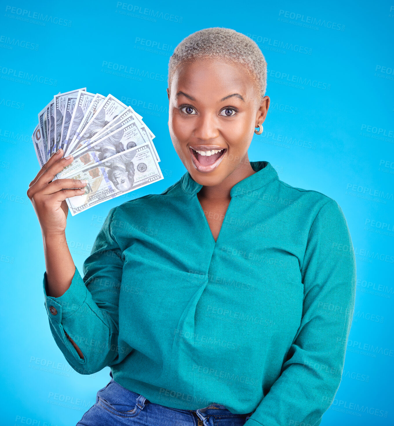 Buy stock photo Woman, wow portrait and money fan for bonus, financial success and winning, finance loan or cashback bonus. African person or winner surprise for notes or cash profit on a studio, blue background