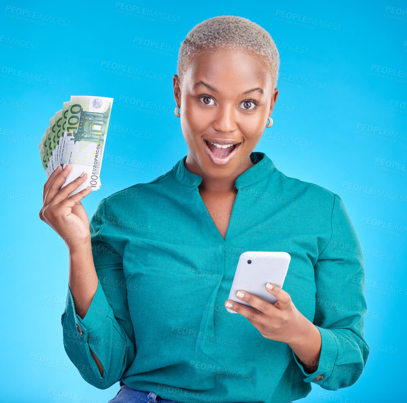 Buy stock photo Money, phone and woman in surprise portrait, finance winning and online savings or cash prize. Success, lottery and wow of african person mobile gambling, profit or cashback on studio blue background