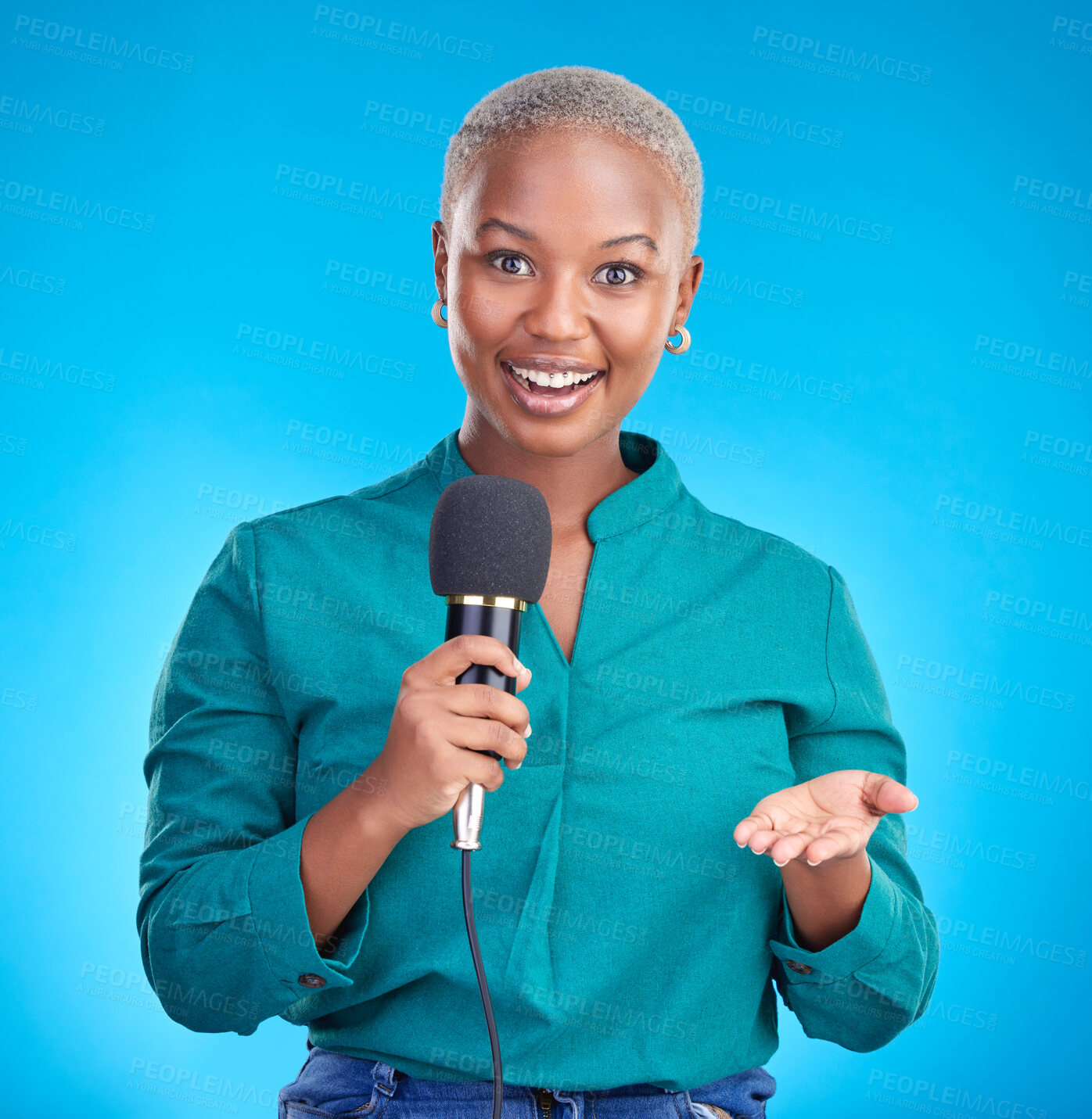 Buy stock photo Woman, microphone and studio portrait for interview, news program or questions for talk show by blue background. Young African reporter, journalist or happy tv host with holding mic, speech and press