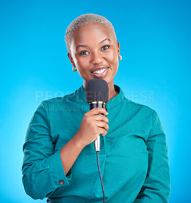 Buy stock photo Reporter woman, smile and microphone in studio portrait for news, announcement or talk show by blue background. Young African journalist, holding mic and happy tv host for speech, press or interview