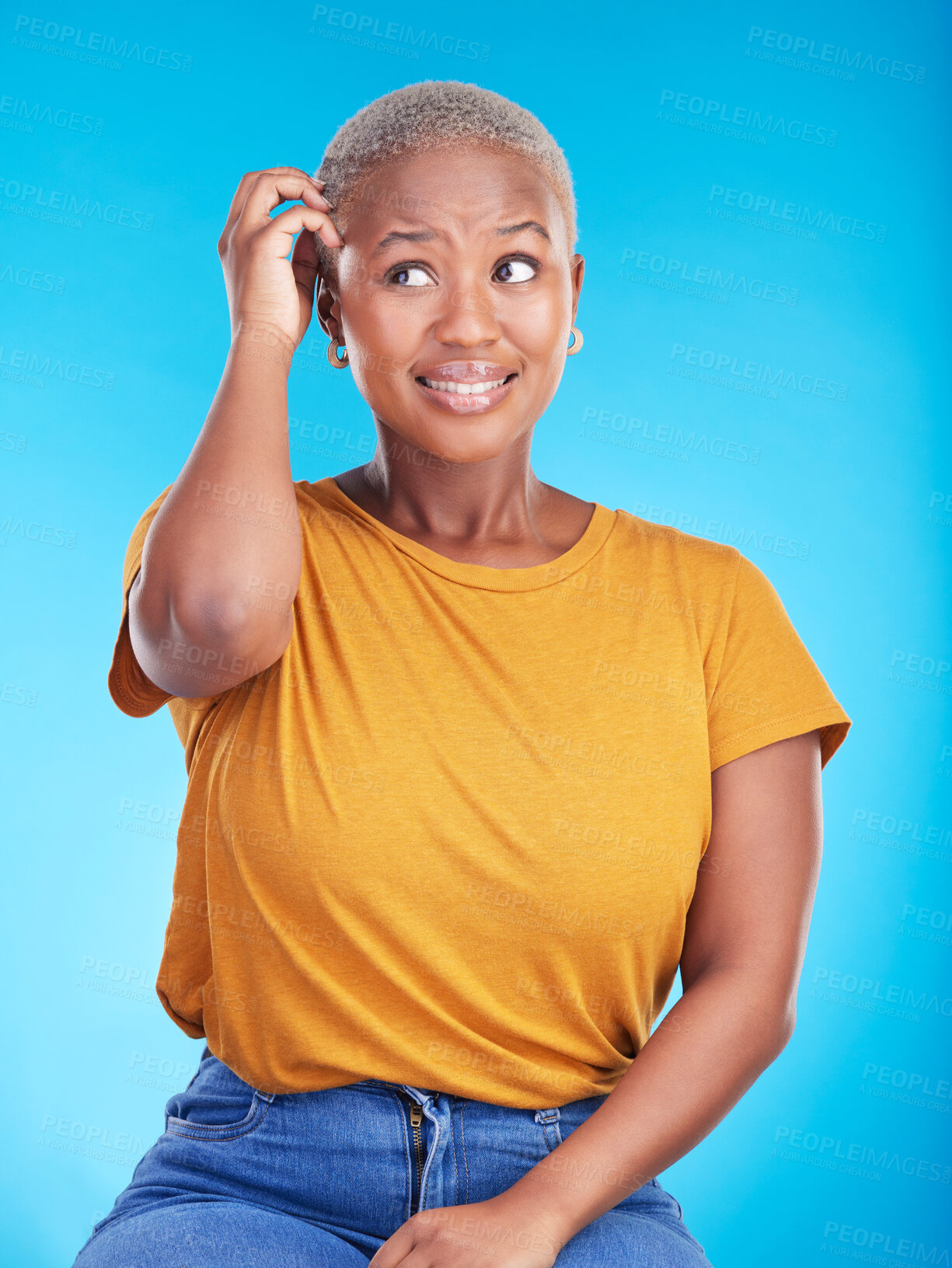 Buy stock photo Black woman, scratch head and confused in studio with thinking, mindset or ideas for decision by blue background. African girl, stress and finger on hair for fear, scared and brainstorming for choice