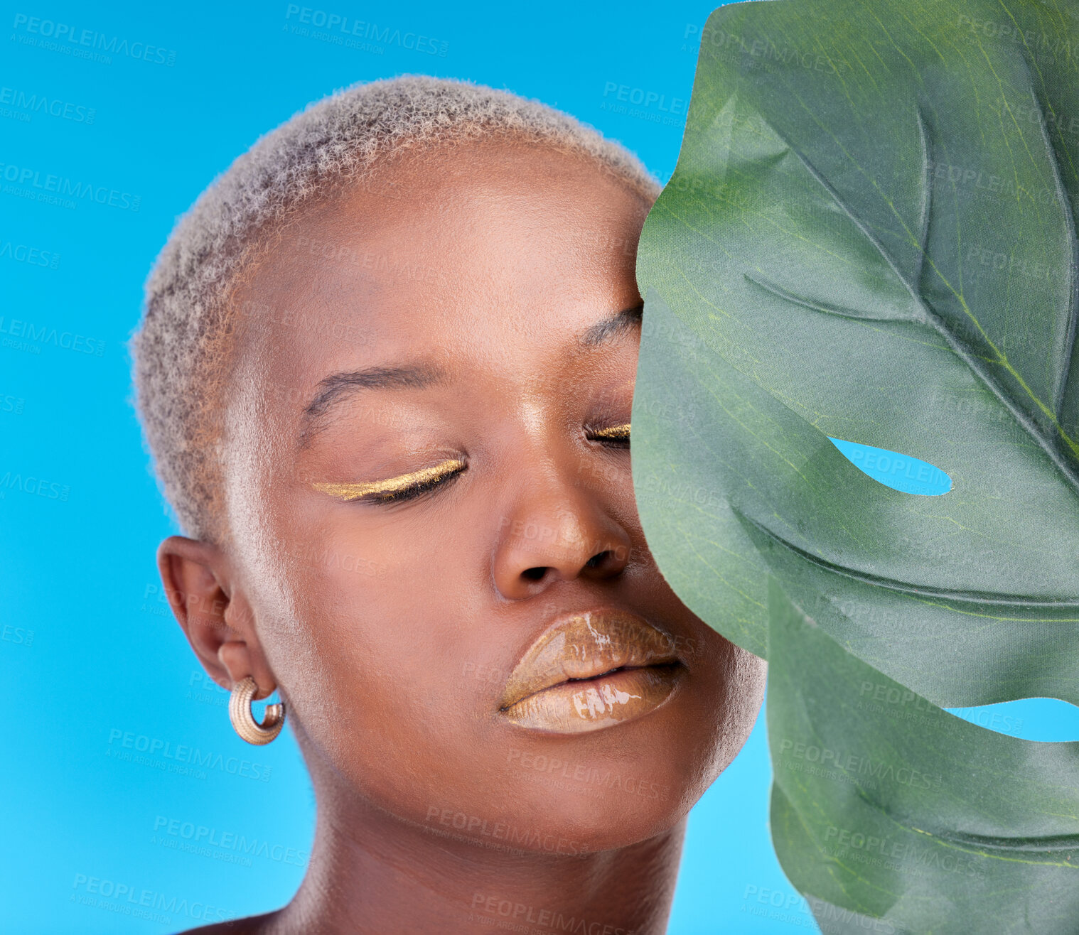 Buy stock photo Makeup, plant and a black woman on a blue background for a wellness aesthetic. Face, beauty and an African girl or model with a leaf and organic cosmetics isolated on a studio backdrop for health