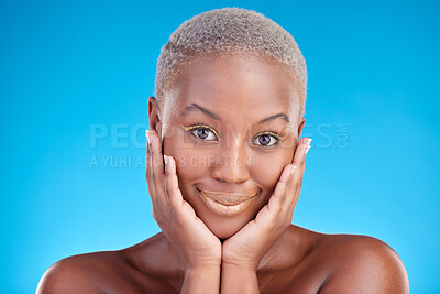 Buy stock photo Face, makeup portrait and happy black woman with aesthetic eyeliner, studio cosmetics and luxury skincare glow. Facial beauty confidence, wellness smile and female African model on blue background.