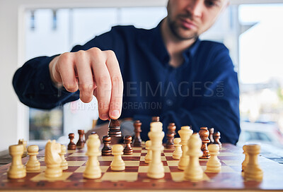 Buy stock photo Chess, man moving a piece and game of strategy, problem solving or person playing on chessboard in competition. Planning, choice and hand on knight or king, queen and player thinking of winning move