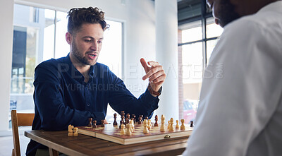 Buy stock photo Board game, chess and men playing at a table while talking strategy or plan. Business partners or friends together to play, relax and bond with wooden icon for problem solving, challenge or checkmate