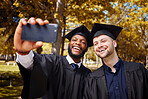 Graduation selfie, friends and students on college or university campus, success or scholarship celebration. Happy men, graduate or people with education, achievement and diversity in profile picture